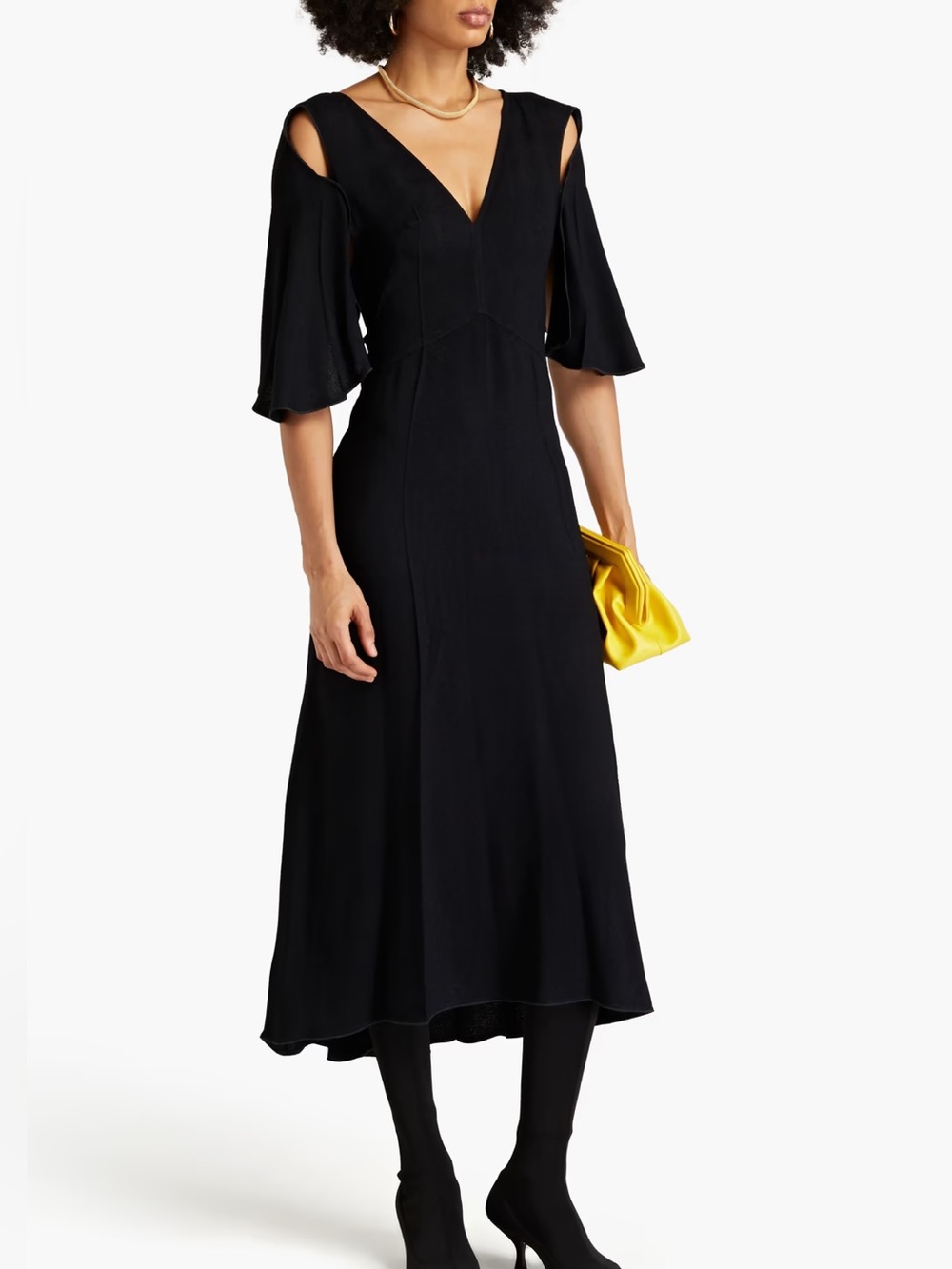 Victoria Beckham Black Cold-Shoulder V-Neck Midi Dress